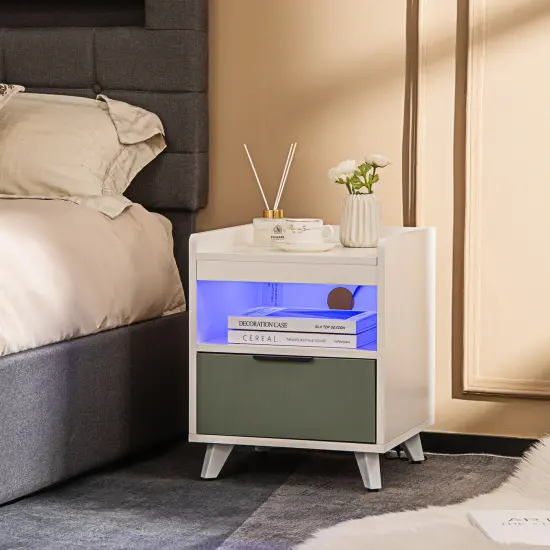 Modern Nightstand with LED Lights Sliding Drawer and Open Compartment-White {3}