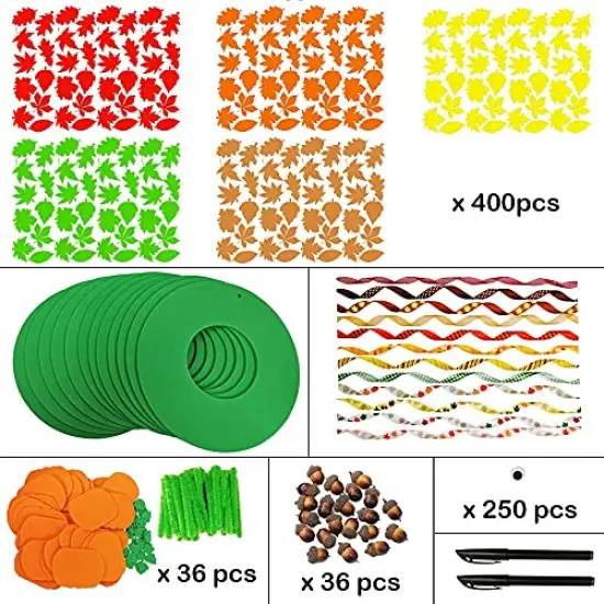 Supla 12 Kits 3D Pumpkin Fall Leaf Wreath Craft Kit DIY Thanksgiving Wreath with Maple Leaves Acorns Bows Wiggle Eyes for Kids Crafts Fall Thanksgiving Halloween Seasonal Decoration {4}