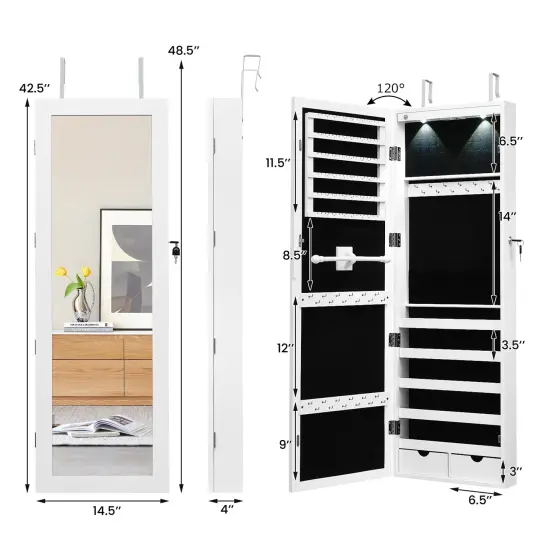 Lockable Wall Mount Mirrored Jewelry Cabinet with LED Lights White {4}
