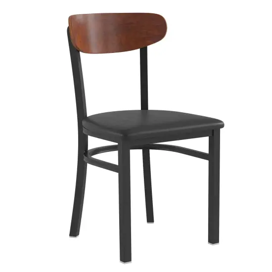 Emma and Oliver Yara Industrial Dining Chair with Rolled Steel Frame and Solid Wood Seat - 500 lbs. Static Weight Capacity WalnutBack/BlackVYL {1}