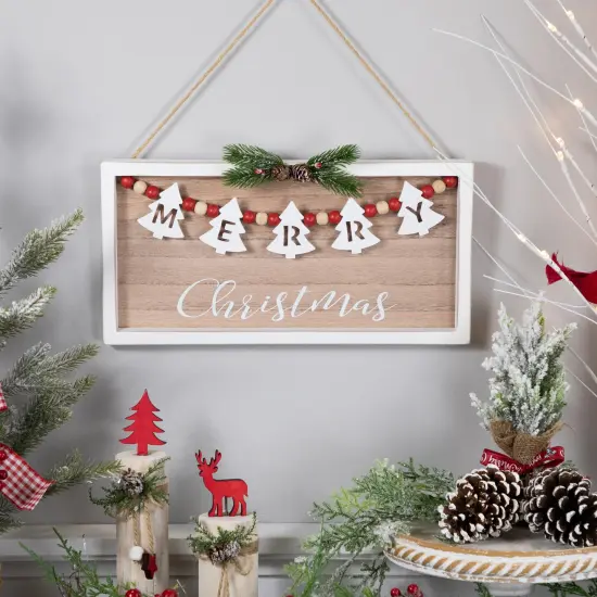 Northlight 15.75" Framed Rustic "Merry Christmas" Beaded Wooden Wall Sign Beige {3}