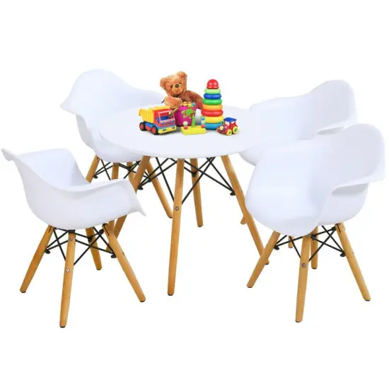 5 Piece Kids Modern Kids Round Table and Chairs Set with Backrests and Armrests Best Gift for Children White {6}