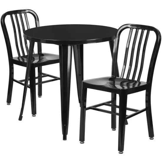 Emma and Oliver Commercial Grade 30" Round Metal Indoor-Outdoor Table Set & 2 Slat Back Chairs Black {1}