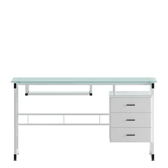 Emma and Oliver White Computer Desk with Frosted Glass Top and Three Drawer Pedestal Frosted/White {3}