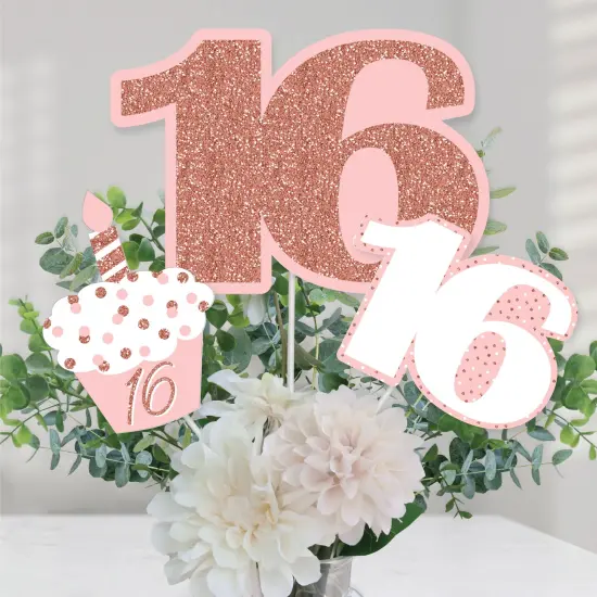 Big Dot of Happiness 16th Pink Rose Gold Birthday - Happy Birthday Party Centerpiece Sticks - Table Toppers - Set of 15 {1}