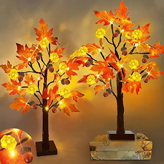 2 Pack & Timer 24 Inch Lighted Maple Tree Fall Decor, Total 48 LED Battery Operated Tabletop Artificial Tree Design Patent Pumpkin & Acorn Thanksgiving Halloween Decoration Home Indoor {3}