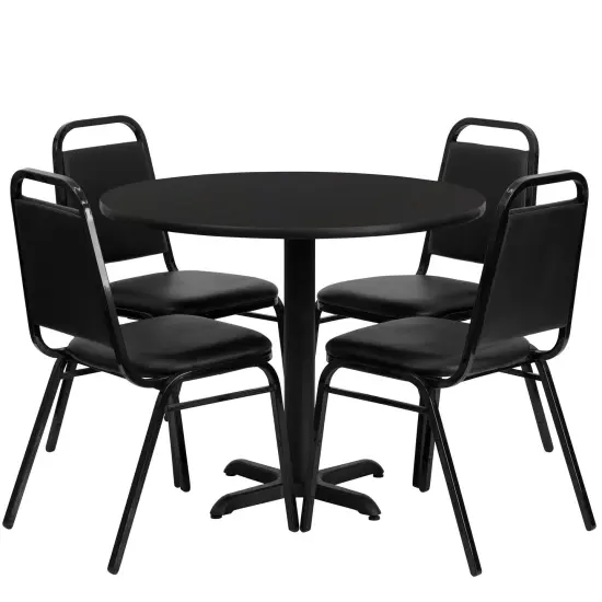 Emma and Oliver 36" Round Laminate X-Base Table Set with 4 Banquet Chairs BlackTop/BlackVinyl {1}