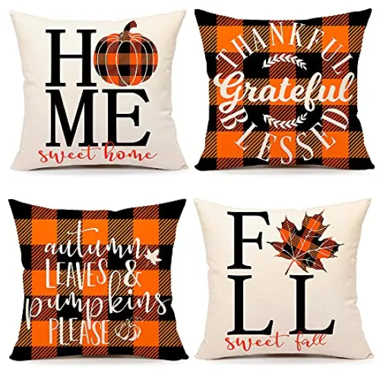 4TH Emotion Fall Decor Pillow Covers 18x18 Set of 4 Thanksgiving Buffalo Check Farmhouse Decorations Orange Black Pumpkin Maple Leaves Outdoor Decorative Throw Cushion Case for Home Couch TH025-18 {1}