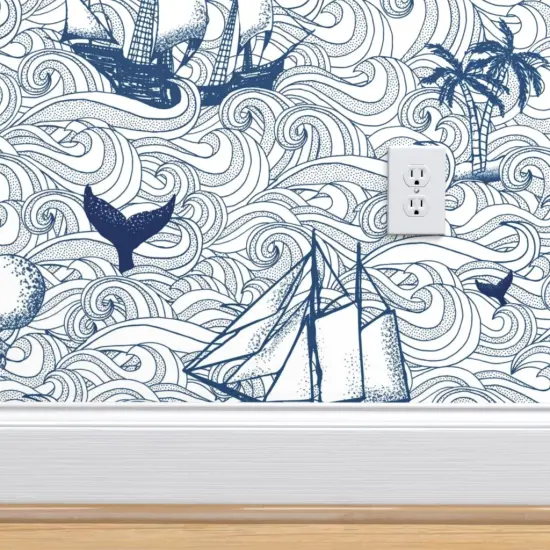Peel & Stick Wallpaper 2FT Wide Blue White Sailboats Sailing Ships Nautical Vintage Inspired Ocean Custom Removable Wallpaper by Spoonflower {4}