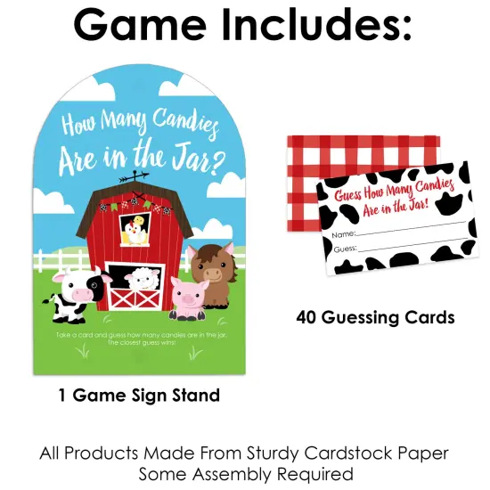 Big Dot of Happiness Farm Animals - How Many Candies Barnyard Baby Shower or Birthday Party Game - 1 Stand and 40 Cards - Candy Guessing Game {4}