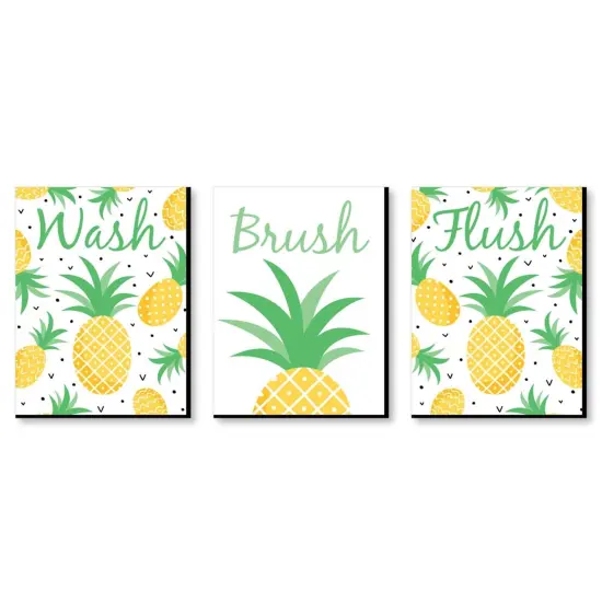 Big Dot of Happiness Tropical Pineapple - Kids Bathroom Rules Wall Art - 7.5 x 10 inches - Set of 3 Signs - Wash, Brush, Flush {1}