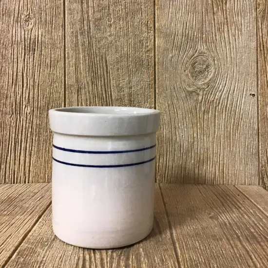 Martinez Pottery Pickling Fermenting Crock - Tan with Blue Stripe Stoneware Jar, 1/2 Gallon Capacity {3}