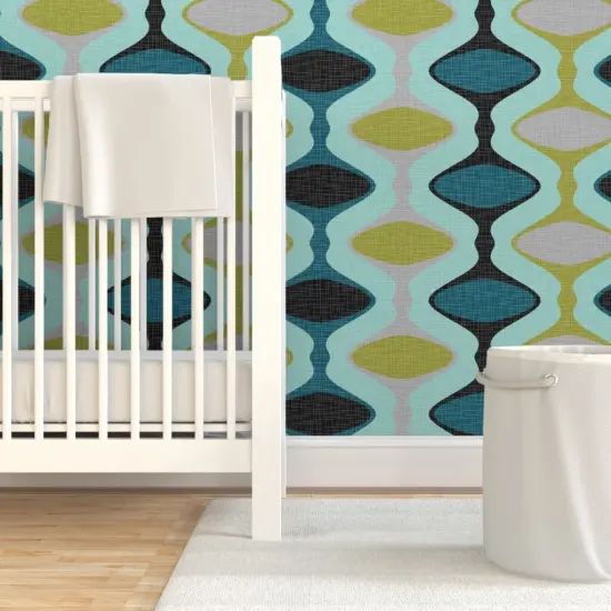 Pre-Pasted Wallpaper 2FT Wide Mid Century Ogee Modern Teal Blue Lime Gray Grey Black Olive Geometric Custom Pre-pasted Wallpaper by Spoonflower {7}