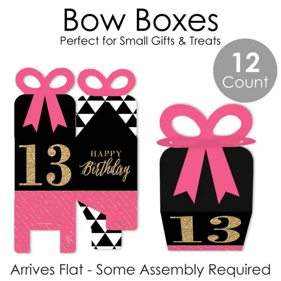 Big Dot of Happiness Chic 13th Birthday - Pink, Black and Gold - Square Favor Gift Boxes - Birthday Party Bow Boxes - Set of 12 {7}