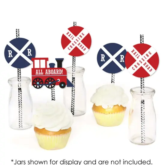 Big Dot of Happiness Railroad Party Crossing - Paper Straw Decor - Steam Train Birthday Party or Baby Shower Striped Decorative Straws - Set of 24 {6}