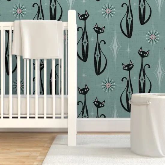 Pre-Pasted Wallpaper 2FT Wide Retro 1950S Cats Mid Century Modern Vintage Inspired Atomic Age Faux Textured Look Custom Pre-pasted Wallpaper by Spoonflower {7}
