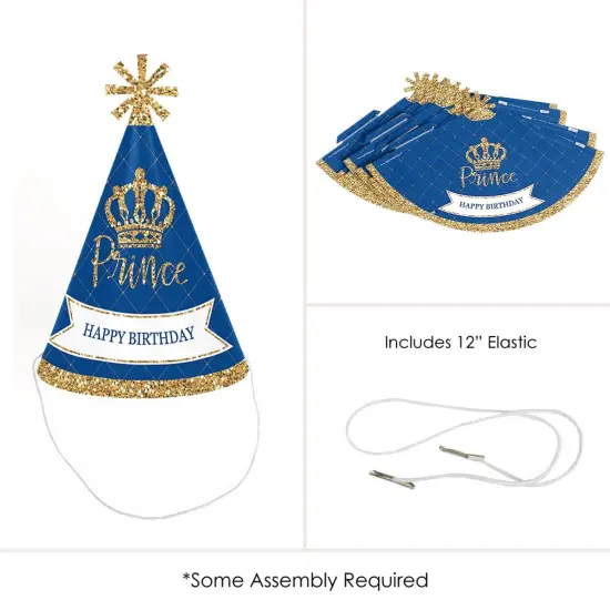 Big Dot of Happiness Royal Prince Charming - Cone Happy Birthday Party Hats for Kids and Adults - Set of 8 (Standard Size) {6}