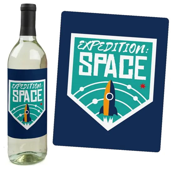 Big Dot of Happiness Blast Off to Outer Space - Rocket Ship Baby Shower Birthday Party Decor for Women & Men - Wine Bottle Label Stickers - Set of 4 {3}