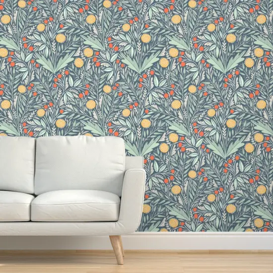 Peel & Stick Wallpaper 2FT Wide Modern Botanical Dandelions Yellow Orange Blue Floral Eucalyptus Rosehips Custom Removable Wallpaper by Spoonflower {5}