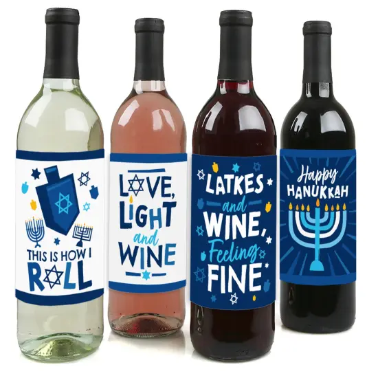 Big Dot of Happiness Hanukkah Menorah - Chanukah Holiday Party Decorations for Women and Men - Wine Bottle Label Stickers - Set of 4 {1}