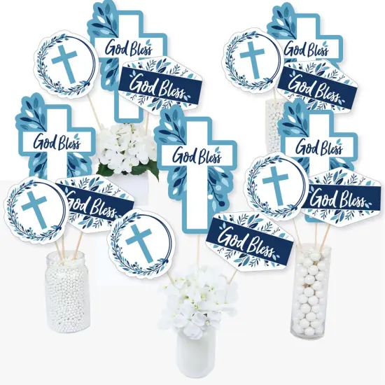 Big Dot of Happiness Blue Elegant Cross - Boy Religious Party Centerpiece Sticks - Table Toppers - Set of 15 {1}