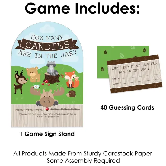Big Dot of Happiness Woodland Creatures - How Many Candies Baby Shower or Birthday Party Game - 1 Stand and 40 Cards - Candy Guessing Game {4}