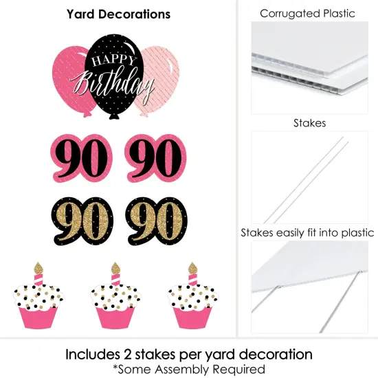 Big Dot of Happiness Chic 90th Birthday - Pink, Black and Gold - Yard Sign and Outdoor Lawn Decorations - Happy Birthday Party Yard Signs - Set of 8 {6}