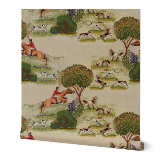 Peel & Stick Wallpaper 2FT Wide Vintage Style Fox Hunt Equestrian English Landscape Beagle Foxhound Custom Removable Wallpaper by Spoonflower {7}