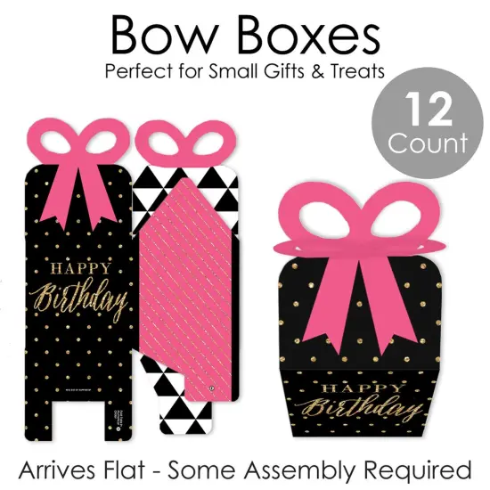 Big Dot of Happiness Chic Happy Birthday - Pink, Black and Gold - Square Favor Gift Boxes - Birthday Party Bow Boxes - Set of 12 {7}