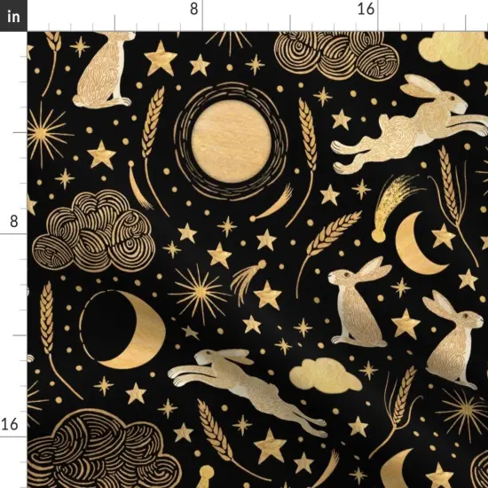 Various Fabrics by the Yard or Fat Quarter Black Rabbit Stars Clouds Gold Wheat Night Sky Harvest Moon Crescent Shooting Star Hares Comet Custom Printed Fabric by Spoonflower {2}