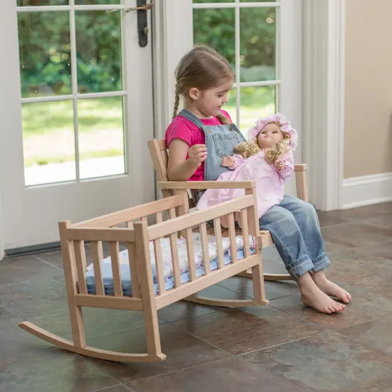 Eli & Mattie Wooden Rocker and Cradle - Amish Made Handcrafted for 18 inch Dolls, Smooth Unfinished Oak {3}