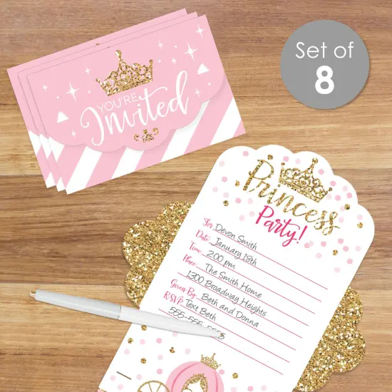 Big Dot of Happiness Little Princess Crown - Fill-In Cards - Pink and Gold Princess Baby Shower or Birthday Party Fold and Send Invitations - Set of 8 {3}