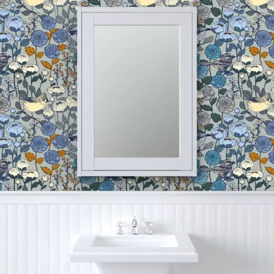 Peel & Stick Wallpaper 2FT Wide Winter Garden Birds Flowers Snow Day Floral Silver Landscape Botanical Blooms Wedding Custom Removable Wallpaper by Spoonflower {6}