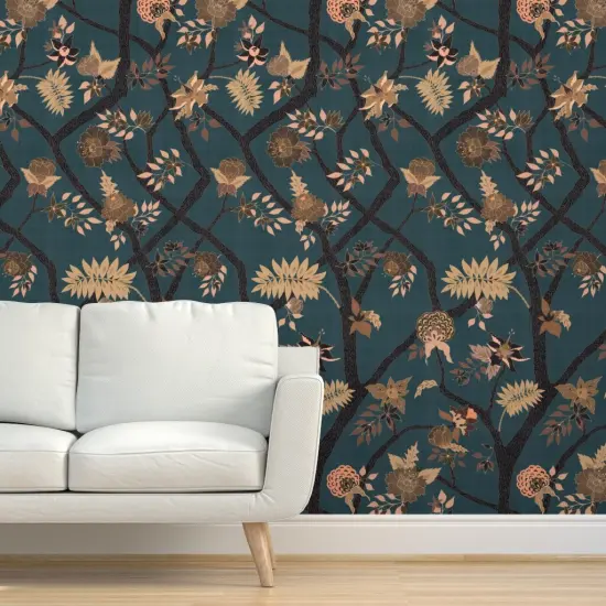 Pre-Pasted Wallpaper 2FT Wide Teal Peony Branch Bro Floral Large Scale Chinoiserie Botanical Woodland Forest Tree Foliage Custom Pre-pasted Wallpaper by Spoonflower {5}