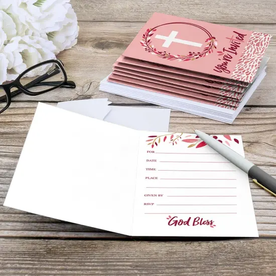 Big Dot of Happiness Pink Elegant Cross - Fill In Girl Religious Party Invitations (8 count) {6}