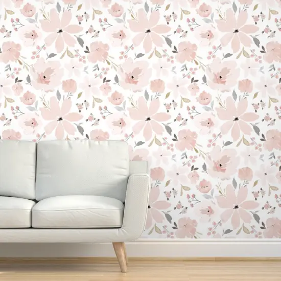 Pre-Pasted Wallpaper 2FT Wide Pastel Floral Blush Pink Peach Flowers Jumbo Scale Feminine Watercolor Custom Pre-pasted Wallpaper by Spoonflower {5}