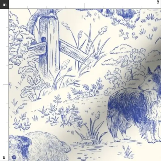 Various Fabrics by the Yard or Fat Quarter Blue Toile Country Style Hand Drawn Landscape Traditional Collie Toil Ecru Sheep Dog Australian Shepherd Shetland Custom Printed Fabric by Spoonflower {4}