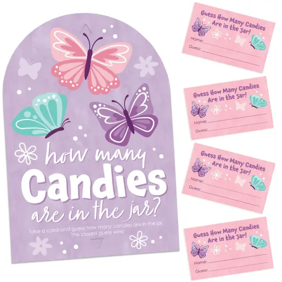 Big Dot of Happiness Beautiful Butterfly - How Many Candies Floral Baby Shower or Birthday Party Game - 1 Stand and 40 Cards - Candy Guessing Game {1}