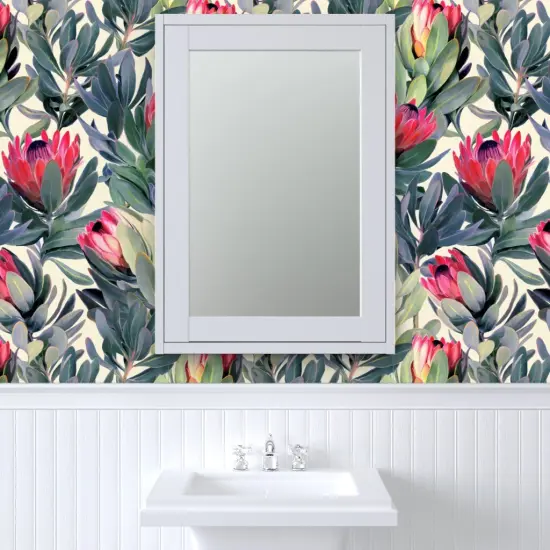 Peel & Stick Wallpaper 2FT Wide Painted Protea Floral Extra Large Tropical Vintage Olive Green Garden Inspired Botanical Leaves Home Decor Kitchen Custom Removable Wallpaper by Spoonflower {6}
