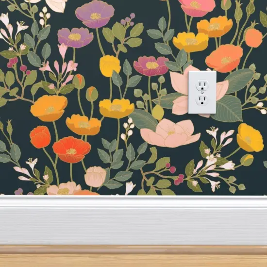 Pre-Pasted Wallpaper 2FT Wide Maximalist Floral Colourful Poppies Romantic Garden Poppy Botanical Chinoiserie Custom Pre-pasted Wallpaper by Spoonflower {4}