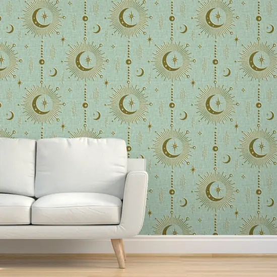 Peel & Stick Wallpaper 2FT Wide Sun And Moon Stars Retro Fifties Starburst Solar Good Luck Talisman Moroccan Lunar Hamsa Fortune Telling Custom Removable Wallpaper by Spoonflower {5}