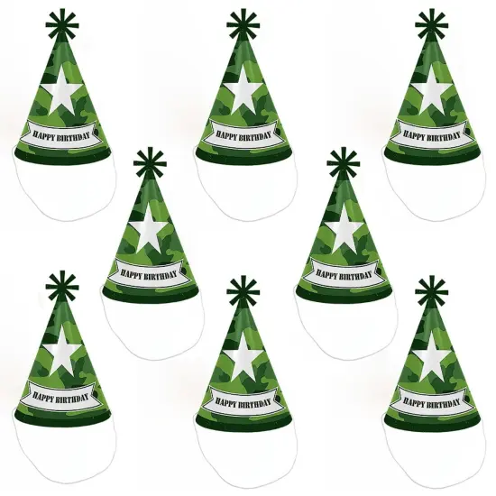 Big Dot of Happiness Camo Hero - Cone Happy Birthday Party Hats for Kids and Adults - Set of 8 (Standard Size) {7}