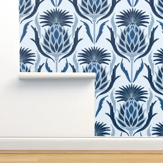 Peel & Stick Wallpaper 2FT Wide Thistle Damask Blue Plant Art Nouveau Hand Drawn Floral Navy Sky Custom Removable Wallpaper by Spoonflower {2}