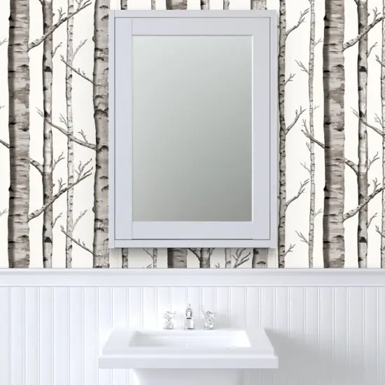 Peel & Stick Wallpaper 2FT Wide Grey Woodland Forest Aspen Birch Winter Cabincore Custom Removable Wallpaper by Spoonflower {6}