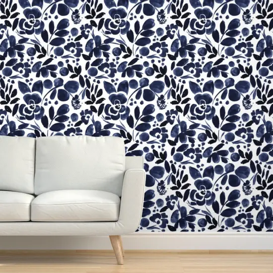 Pre-Pasted Wallpaper 2FT Wide Navy Blue White Floral Dark Indigo Watercolor Romantic Flowers Custom Pre-pasted Wallpaper by Spoonflower {5}
