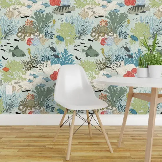 Pre-Pasted Wallpaper 2FT Wide Coral Reef Sea Life Nautical Aqua Fish Beach Ocean Octopus Custom Pre-pasted Wallpaper by Spoonflower {1}