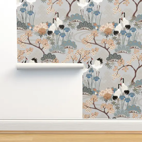 Pre-Pasted Wallpaper 2FT Wide Large Scale Japanese Garden Grey Asian Floral Birds Animals Custom Pre-pasted Wallpaper by Spoonflower {2}