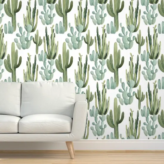 Pre-Pasted Wallpaper 2FT Wide Desert Cactus Greenery Cacti Watercolor Southwestern Boho Nursery Succulents Kid Decor Custom Pre-pasted Wallpaper by Spoonflower {5}