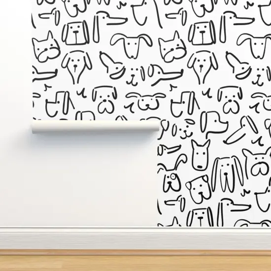 Peel & Stick Wallpaper 2FT Wide Doodle Dogs Black And White Cute Modern Whimsical Dog Custom Removable Wallpaper by Spoonflower {2}