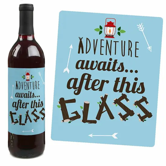 Big Dot of Happiness Happy Camper - Camping Baby Shower or Birthday Party Decorations for Women and Men - Wine Bottle Label Stickers - Set of 4 {5}